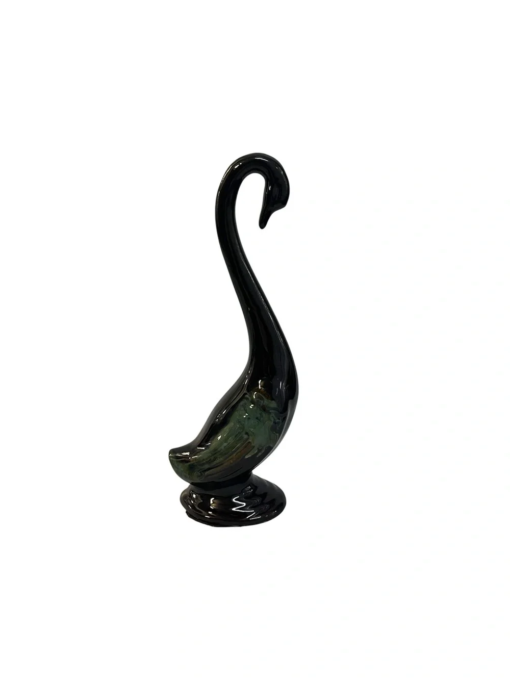 Vintage MCM Black Ceramic Swan Figurine Long Neck Tall Glazed Bird Statue 10”